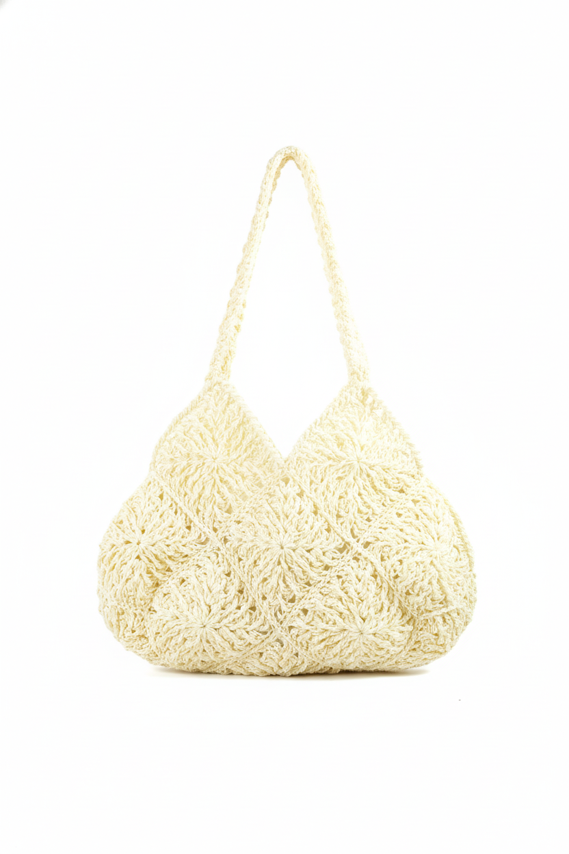 Motifli El Yapımı Örgü Çanta – Krem Renk Omuz Çantası