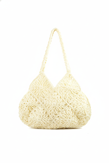 Motifli El Yapımı Örgü Çanta – Krem Renk Omuz Çantası