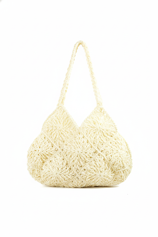 Motifli El Yapımı Örgü Çanta – Krem Renk Omuz Çantası