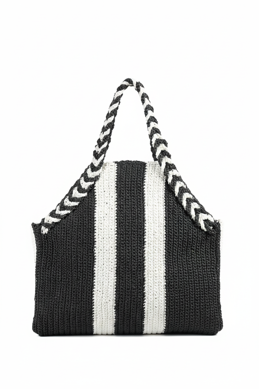 El Yapımı Örgü Tote Çanta | Siyah Beyaz Çizgili Kalın Dokulu