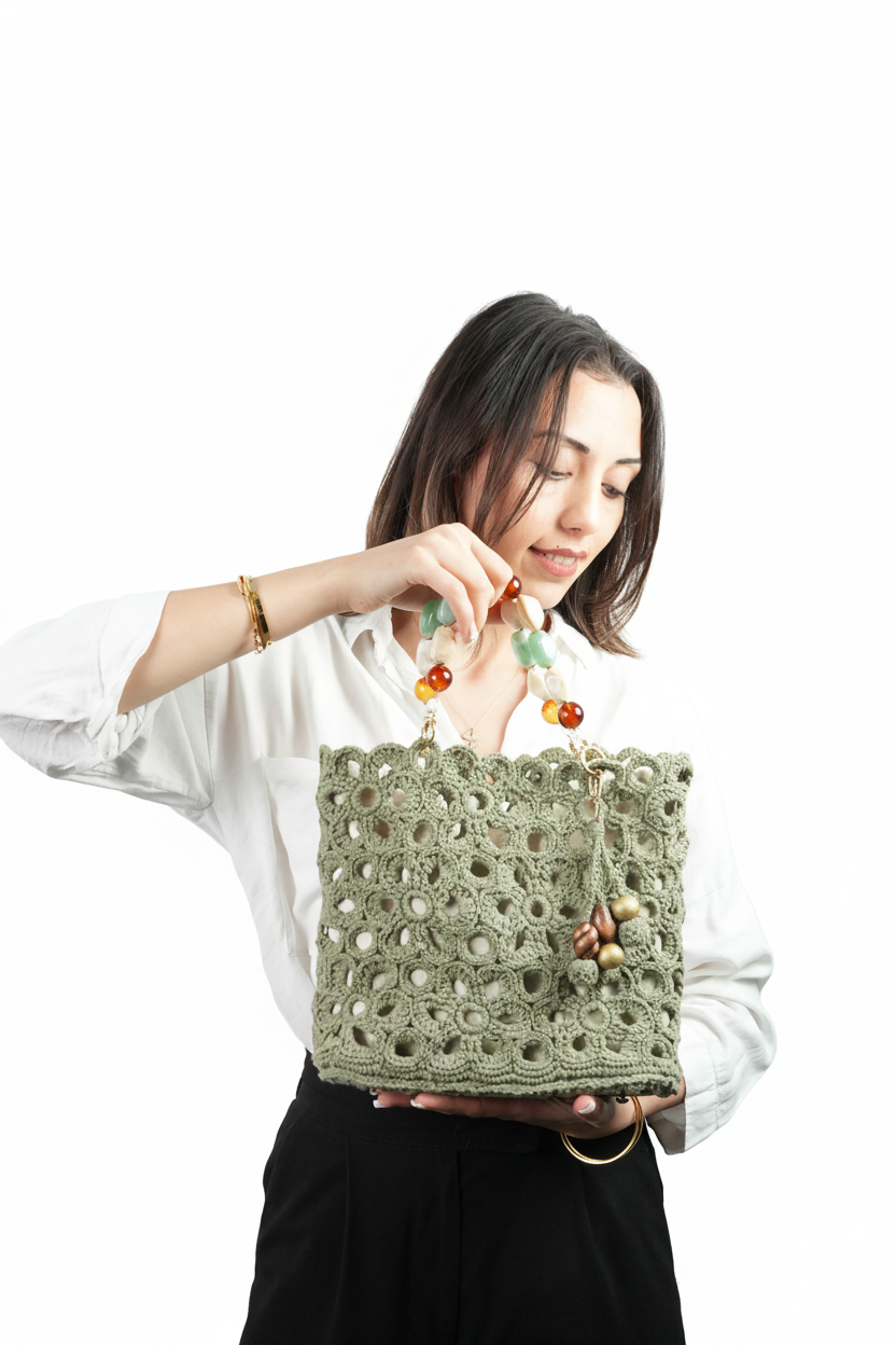 Statement Boncuk Saplı El Yapımı Örgü Çanta – Çiçek Motifli Tasarım