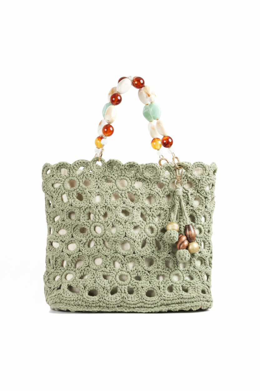 Statement Boncuk Saplı El Yapımı Örgü Çanta – Çiçek Motifli Tasarım