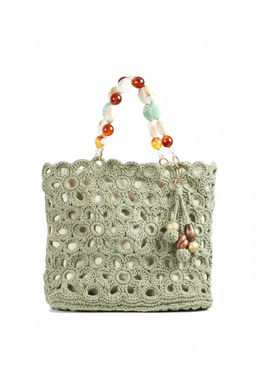 Statement Boncuk Saplı El Yapımı Örgü Çanta – Çiçek Motifli Tasarım