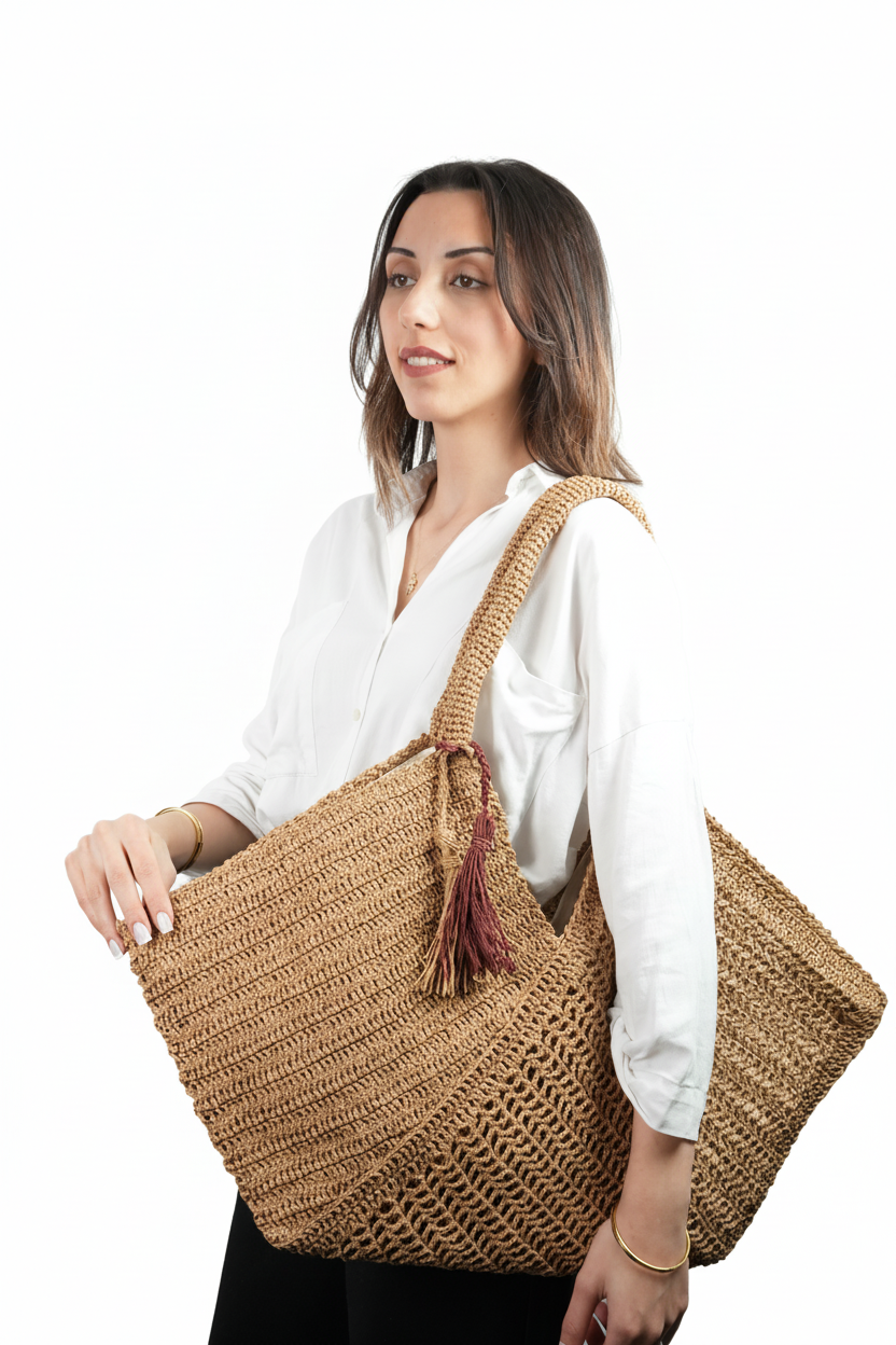 Asimetrik Geometrik El Yapımı Örgü Çanta – Geniş Tote Tasarım