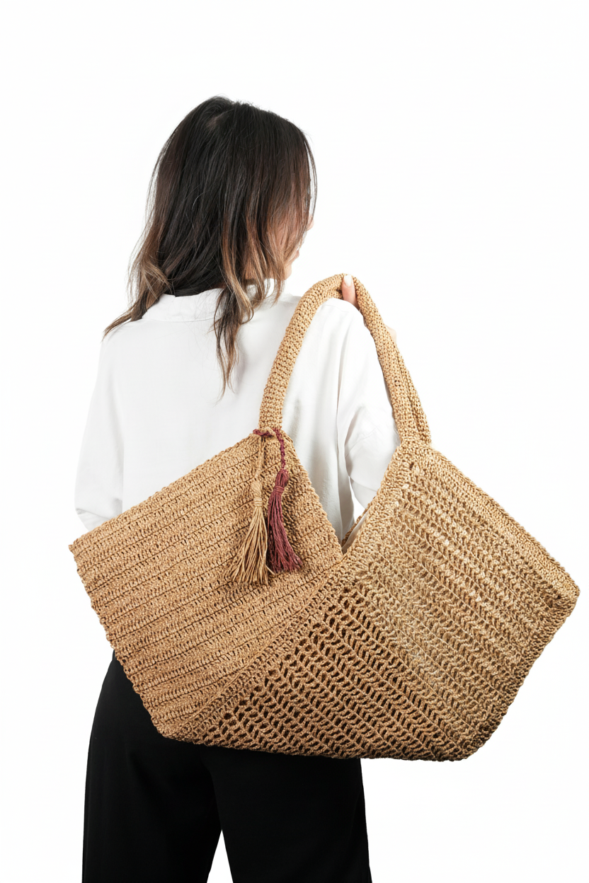 Asimetrik Geometrik El Yapımı Örgü Çanta – Geniş Tote Tasarım