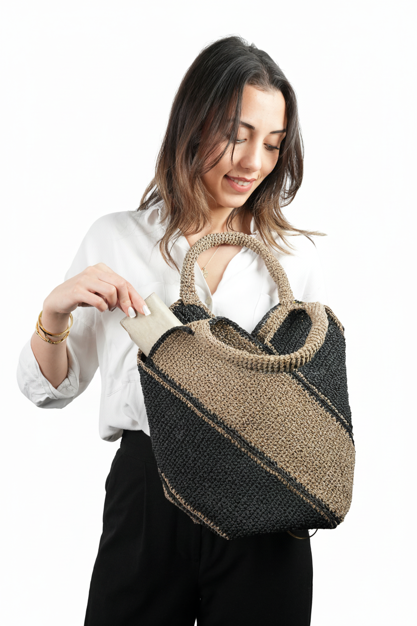El Yapımı Örgü Tote Çanta | Diyagonal Renk Bloklu Bej & Siyah