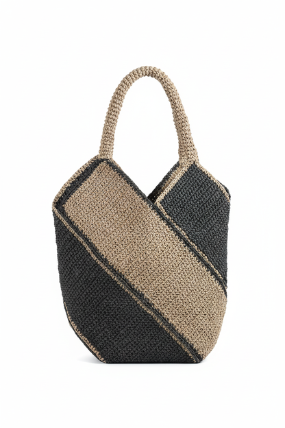 El Yapımı Örgü Tote Çanta | Diyagonal Renk Bloklu Bej & Siyah