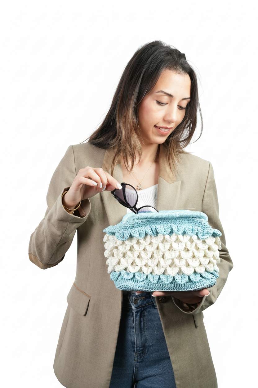 El Yapımı Timsah Deri Desenli Mavi Beyaz Çanta