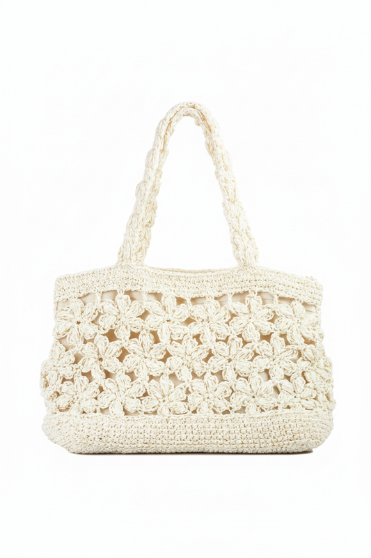El Yapımı Çiçek Motifli Örgü Tote Çanta | Kırık Beyaz