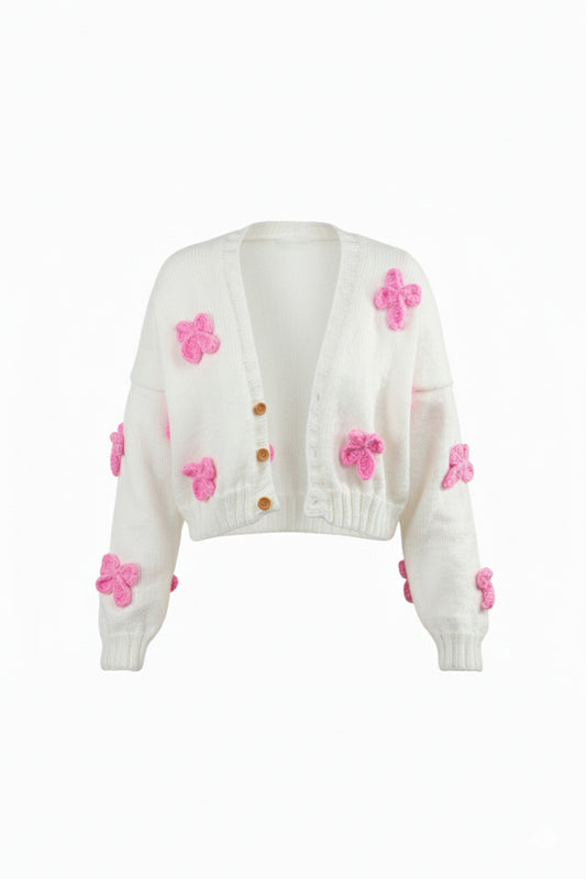 El Yapımı Pembe Kurdeleli Beyaz Crop Hırka