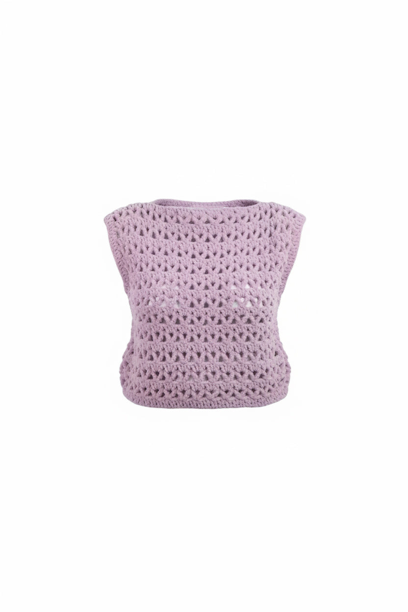 El Yapımı Ajurlu Örgü Süveter | Lila Renk Crop Tasarım