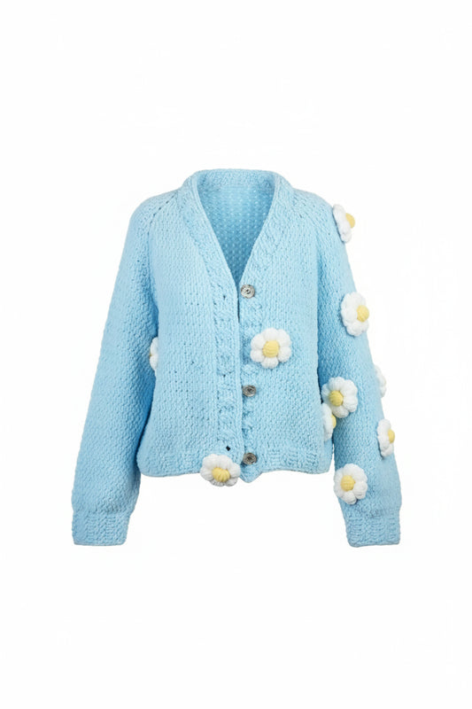 Mavi 3D Çiçek Motifli Triko Hırka